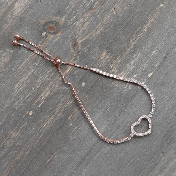 925 Sterling Silver Heart Bracelet Rose Gold Plated Adjustable Crystals Dainty - Picture 6 of 6